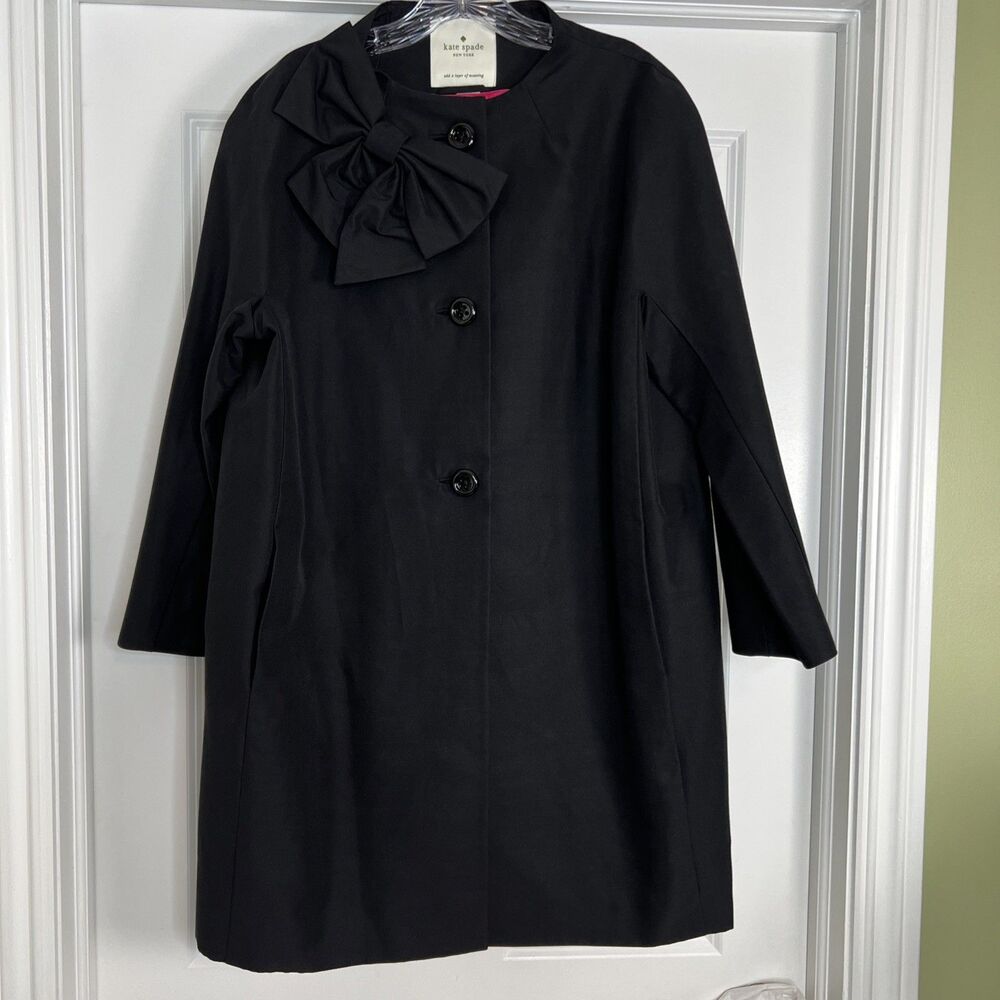 Kate Spade Dorothy Trench Coat Womens Size Large Black Big Bow Accent Classic